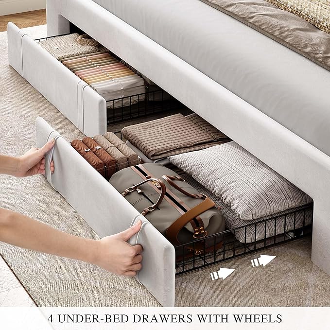 DWVO Queen Size Bed Frame with Adjustable Headboard, 4 Storage Drawers and RGB LED Lights, Velvet Upholstered Platform Bed with USB Ports, No Box Spring Needed, Fast Assembly, Noise-Free, White