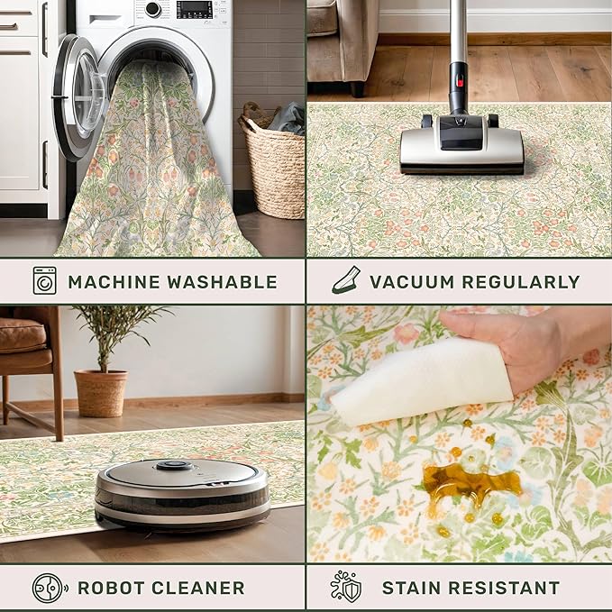 Washable Beige Green 2x10 Runner Rug for Hallway Kitchen Entryway Laundry Room, Non-Slip Stain Resistant Long Floor Mat, Vintage Floral Aethestic Design (Beige Green 2x10)