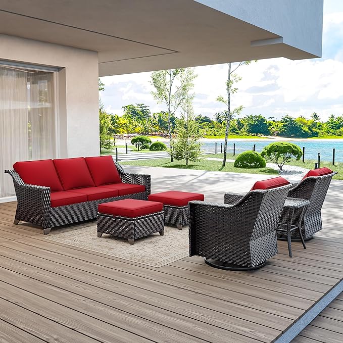 6 Pieces Wicker Patio Furniture, Luxury Outdoor Furniture with 2 Patio Swivel Chair, 3-Seater Sofa, 2 Patio Ottoman and 1 Side Table, Wide Armrest, Thickened Cushions