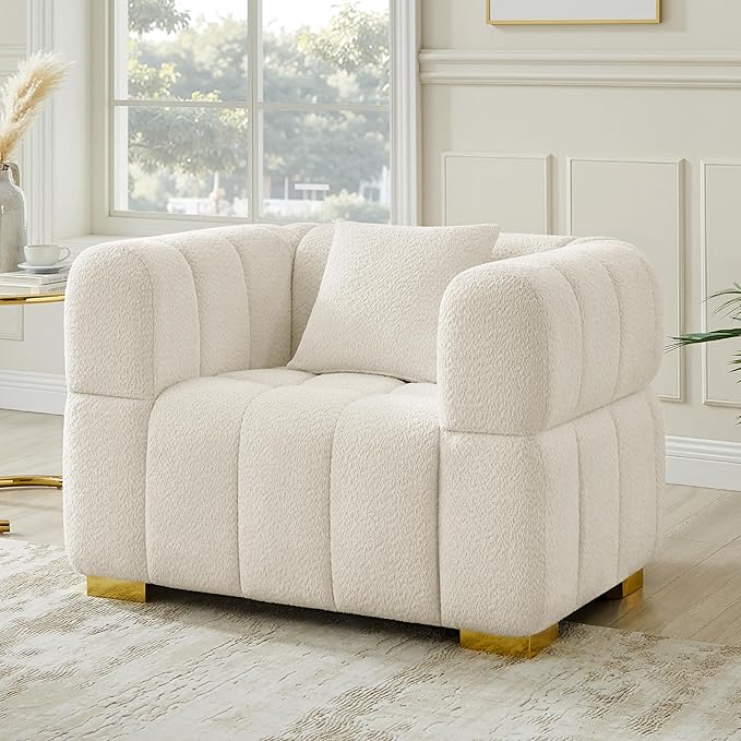 VANOMi Sofa and Chair Set, Modern Deep Seat Couch & Boucle Sofa Chairs, Oversized Upholstered Couch Sets for Living Room, Apartment, Office, Bedroom, White (3 Pieces)