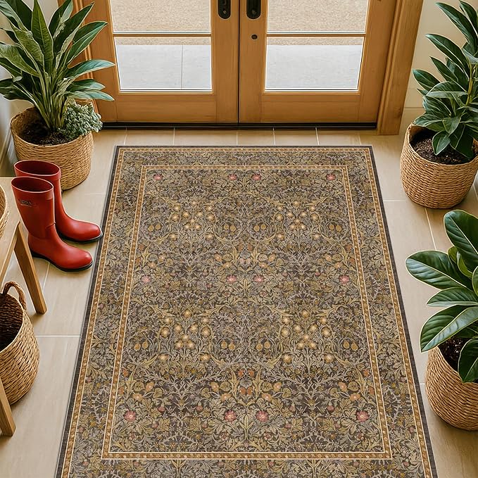 Vintage Brown 3x6 Area Rugs for Large Entryway, Bedroom Beside Rug, Kitchen, Laundry Room, Non-Slip Low Pile Ultra Soft Stain Resistant Small Floral Carpet