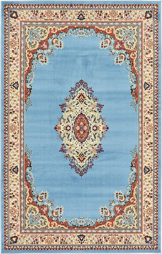 Unique Loom Reza Collection Traditional Persian Style Area Rug, Rectangular 5' 1" x 8' 0", Light Blue/Ivory