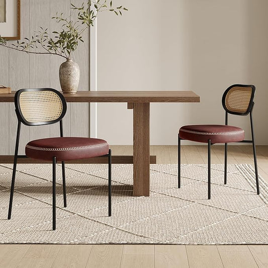 Rattan Dining Chairs Set of 2, Wine Leather Upholstered Dining Chairs with Rattan Cane Back, Mid Century Modern Dining Room Chairs with Black Metal Legs & D-Shaped Thicken Cushion, Wine