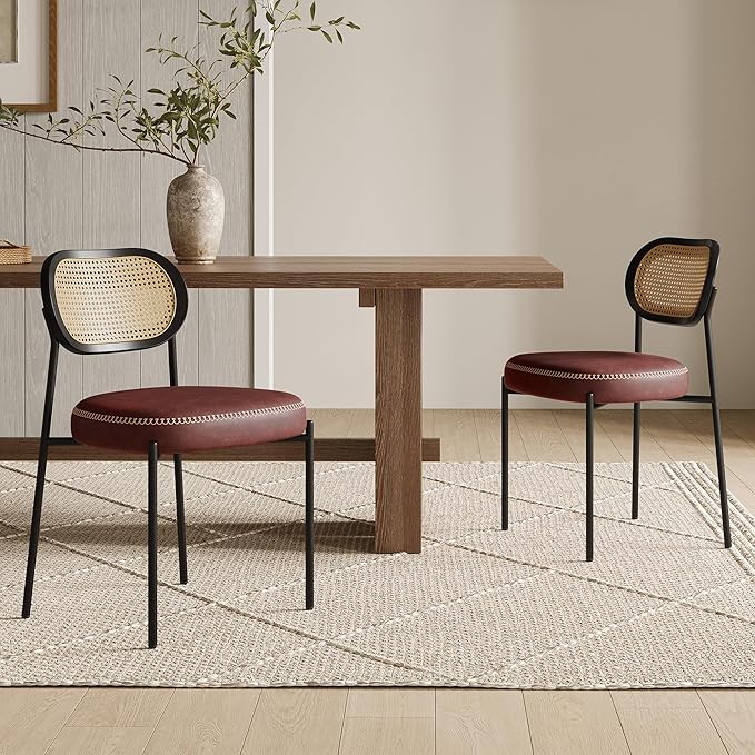 Rattan Dining Chairs Set of 4, Wine Leather Upholstered Dining Chairs with Rattan Cane Back, Mid Century Modern Dining Room Chairs with Black Metal Legs & D-Shaped Thicken Cushion, Wine