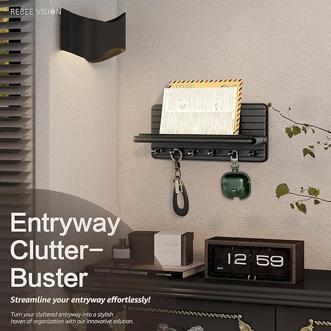 Rebee Vision Decorative Key Holder Wall Mount for Room Decor Aesthetic – Chic 11-Inch Wooden Key Holder for Wall with 6 Hooks & Floating Shelf - Elegant Home Organization Accent (Black)