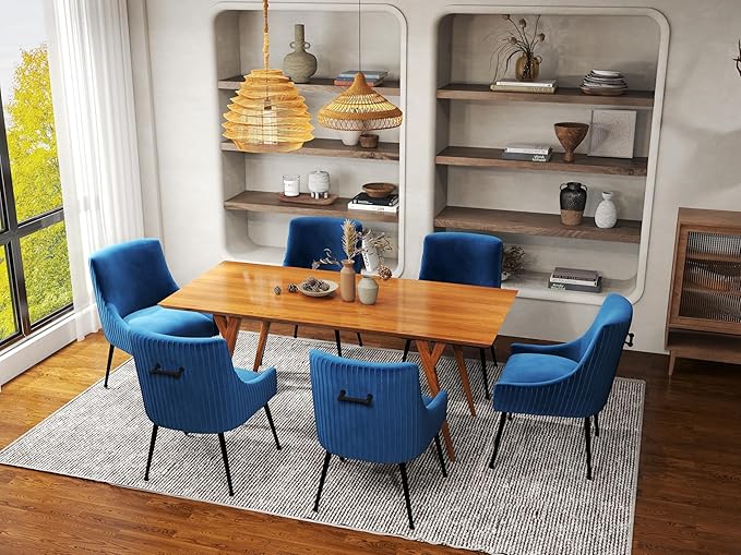 Velvet Dining Chairs Set of 6,Blue Upholstered Living Room Chairs with Black Metal Legs, Modern Tufted Accent Chairs for Living Room, Study Room, Kitchen