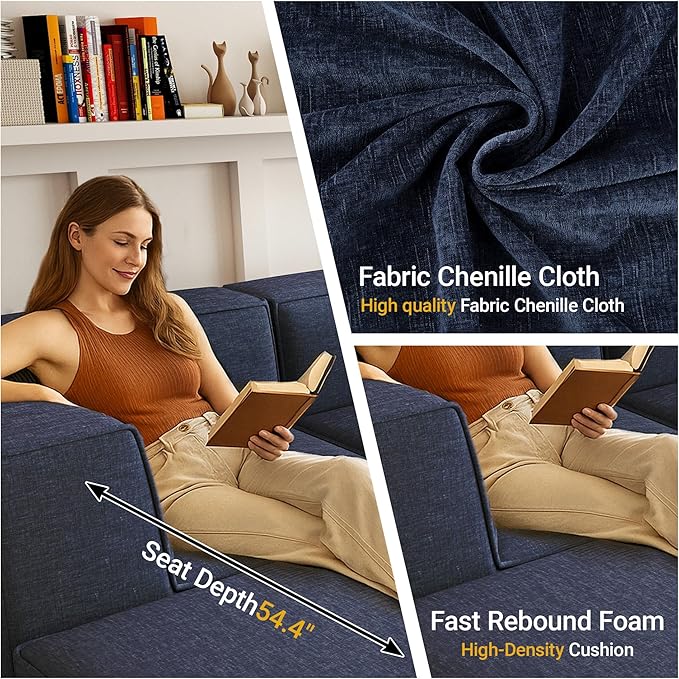 97" Sectional Compressed Sofa Modular Couches,High-Density Foam No Assembly Required,3-Piece(1xCorner 3xArmless) for Living Room, Chenille Blue