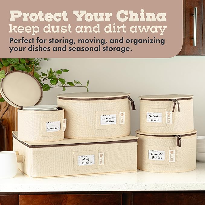 Hard Shell China Storage Containers 5-Piece Set Moving Boxes for Dinnerware, Glasses, Plates, Mugs and Saucers Sturdy Dish Organizer with Dividers for Seasonal Storage - Service for 12 - Beige