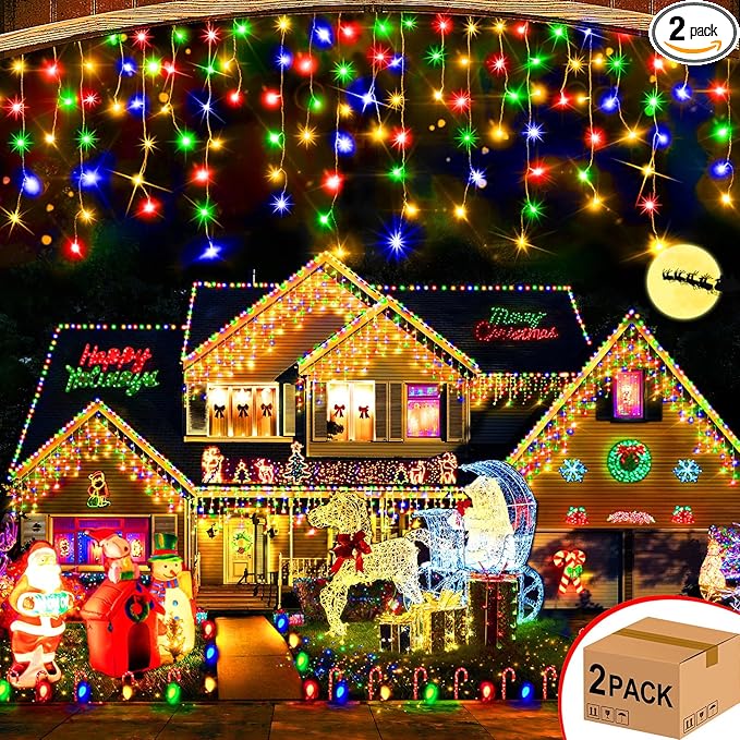 Hezbjiti 2Pack Total 800LED Ice Lights 33FT Christmas Lights String Lights Outdoor Decoration 8 Modes 150 Drops Fairy Lights for Eaves Party Yard Garden Xmas Decor（Multicolor）