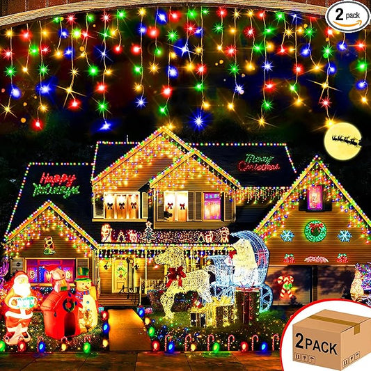 Hezbjiti 2Pack Total 800LED Ice Lights 33FT Christmas Lights String Lights Outdoor Decoration 8 Modes 150 Drops Fairy Lights for Eaves Party Yard Garden Xmas Decor（Multicolor）