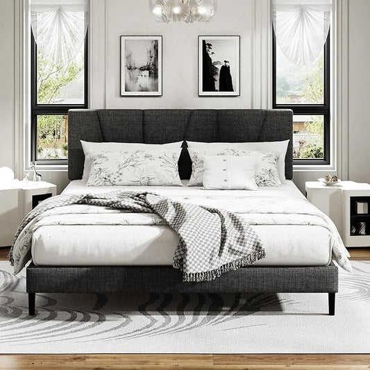 King Size Platform Bed Frame with Modern Upholstered Headboard, Wooden Slats Support, Noise Free, No Box Spring Needed, Easy Assembly, Dark Grey, Linen
