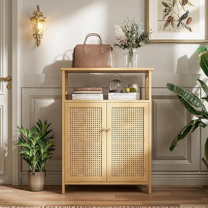 Bathroom Floor Stand Cabinet, Bamboo Storage Organizer Table with 2 Rattan Doors and 1 Shelf, Wooden Side Cupboard for Hallway, Laundry, Kitchen, Living Room (Natural)