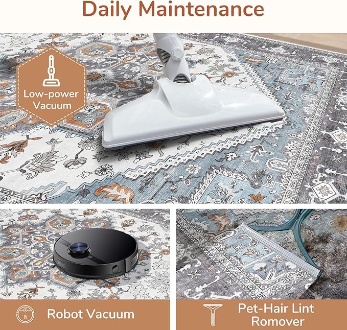 OPPODREAM Thin 6x9 Area Rugs, Washable Rug 6x9 with Non Slip Backing, Faux Cashmere Low-Pile 6 x 9 Carpet, Grey & Teal & Yellow