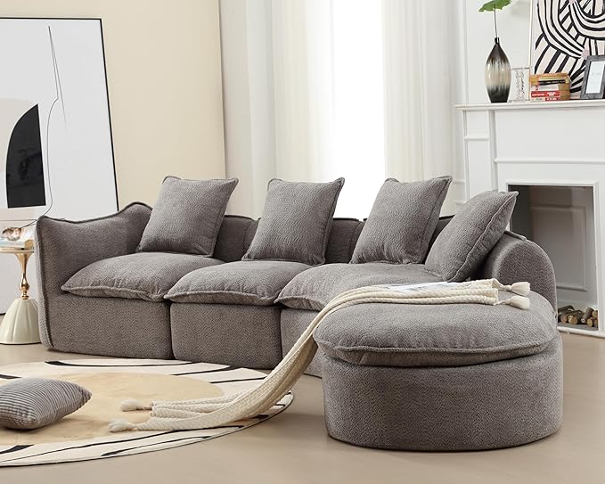 137.8” Curved Boucle Sofa Couch, Modern Sectional Sofa Cloud Deep Seat Couch with 4 Pillows, Comfy Modular 5-Seat Couches for Living Room Apartment (Grey)