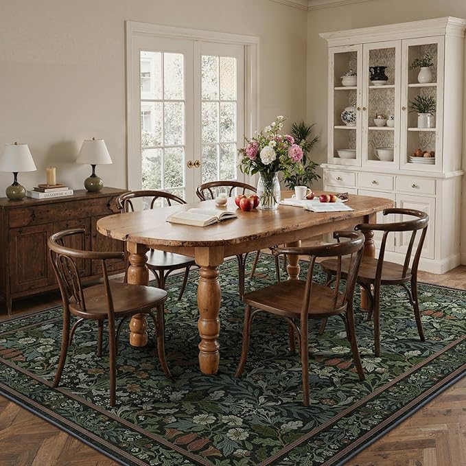 GENIMO 6x9 Washable Area Rug, Non-Slip Vintage Boho Floral Carpet, Soft Low-Pile Thin Living Room Rug for Bedroom, Dining Room, Nursery, Dark Green