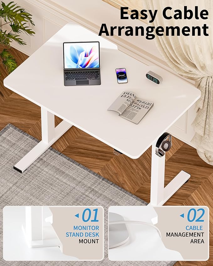 Okin Small Electric Standing Desk, 40" x 24" Whole Piece Height Adjustable White Sit to Stand Desk Computer Workstation for Home Office