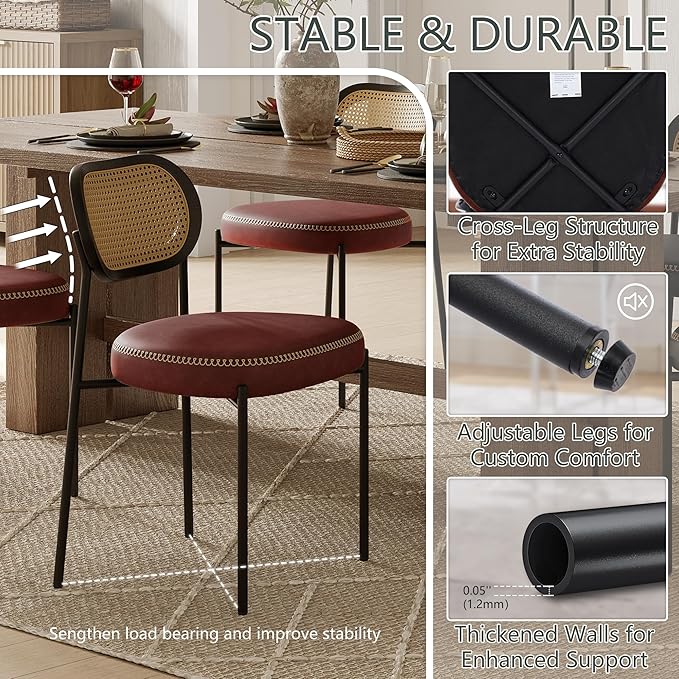 Rattan Dining Chairs Set of 2, Wine Leather Upholstered Dining Chairs with Rattan Cane Back, Mid Century Modern Dining Room Chairs with Black Metal Legs & D-Shaped Thicken Cushion, Wine