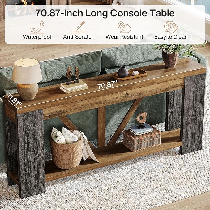 Tribesigns 70.9" Extra Long Entry Table, Farmhouse Wood Console Table with Storage, Modern Accent Sofa Table Behind Couch Foyer Tables for Entryway, Living Room, Entrance, Rustic Brwon