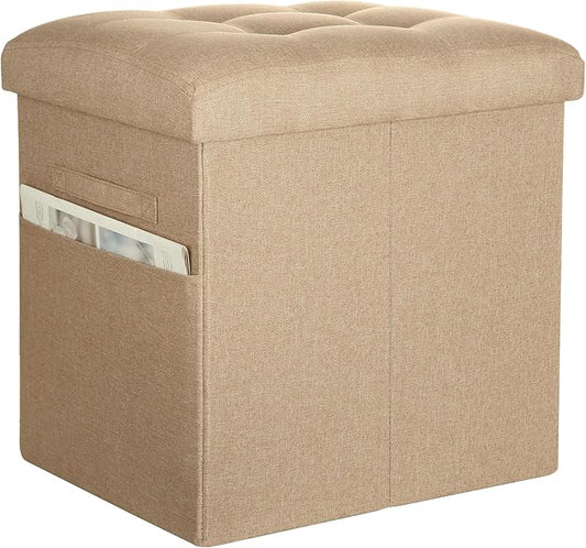 Ottoman with Storage, Small Storage Ottoman Foot Rest with Thicker Foam Padded Seat. 61L Slim Tall Foldable Linen Cloth Foot Stool for Living Room Bedroom, 300lbs Weight Support, 17x13x13IN, Beige