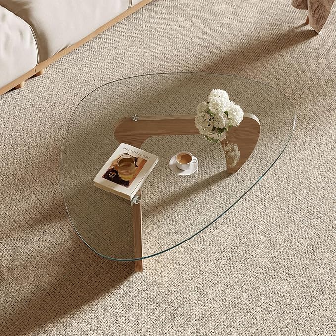 Modern Coffee Table for Living Room and Small Spaces, 43.3" x 29.5" x 15.8" Triangle Tempered Glass Table Top and Eco-Friendly MDF Base, Natural Wood