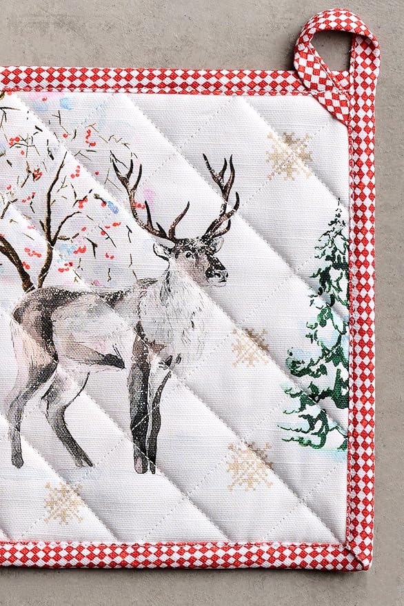 Maison d' Hermine Pot Holders Set 100% Cotton Heat Resistant Potholders 8" x 8" Hot Pads with Loop for Thanksgiving Christmas Decorations BBQ Baking Handling Hot Pans (Pack of 2, Rural Christmas)