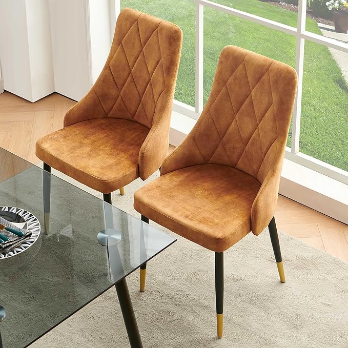 NORDICANA Upholstered Velvet Dining Chair Set of 2, Mustard Armless Side Chair with Metal Legs for Home Kitchen
