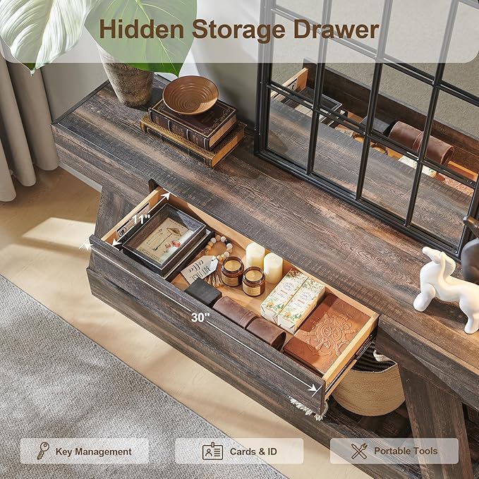 60" Farmhouse Entryway Table with Drawer, Entry Table with Storage, Sofa Table for Living Room, Behind Couch, Sofa(Dark Rustic Oak)