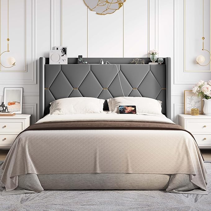 Allewie Velvet Full Size Upholstered Bed Frame with Wingback Storage Headboard & Charging Station, Platform Bed with Diamond Tufted Design & Gold Trim, No Box Spring Needed, Easy Assembly, Grey