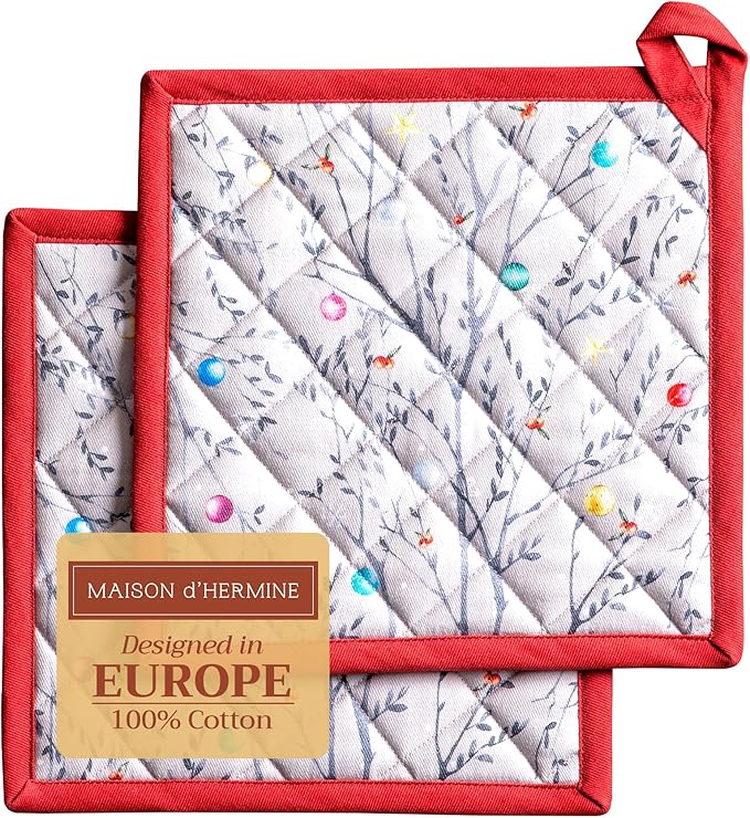 Maison d' Hermine Pot Holders Set 100% Cotton Heat Resistant Potholders 8" x 8" Hot Pads with Loop for Thanksgiving Christmas Decorations BBQ Baking Handling Hot Pans (Pack of 2, Fairy Christmas)