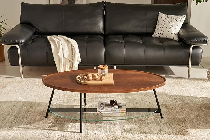 Shrine Glass Coffee Table, Black Walnut Table for Living Room, Glass and Wood Table, 43.3" D x 21.6" W x 15.7" H, Clear Glass Base, Walnut Wood Top&Black Metal Frame