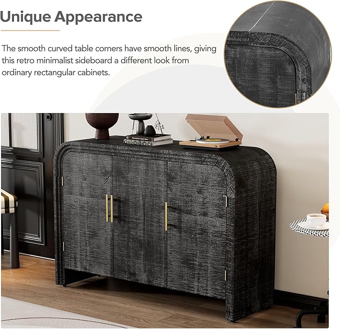 GDFStudio 47.2" Retro Curved Sideboard Storage Cabinet with Adjustable Shelves & Gold Handles, MDF Buffet Table Coffee Bars Cupboard for Living Room Dining Room Kitchen Entryway, Antique Black-2