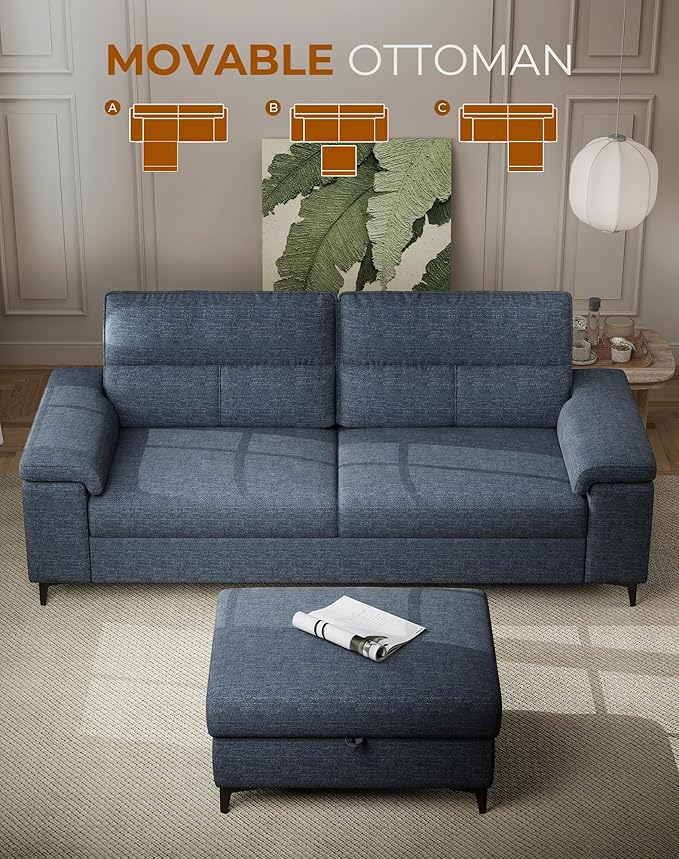 88.97" L Shaped Sectional Couches for Living Room, Deep Seat Sofa with Big Storage Ottoman & 8”Cushion, Comfy 2-Seater Chenille Loveseat, Convertible Armrest, Removable Cover for Small Space(Blue)