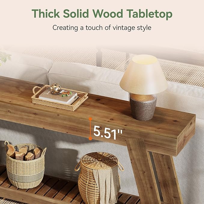Solid Wood Console Table, 62.9-Inch Long Narrow Entryway Sofa Table with Storage Shelf for Living Room Hallway Entrance