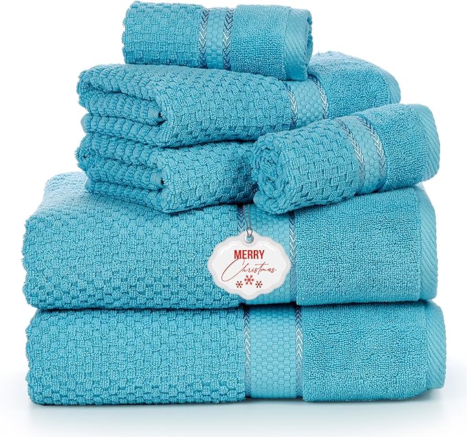 Ample Decor Towels for Bathroom, 6 Pieces Gift Set,100% Cotton Soft Quick Dry, 2 Bath Towels, 2 Hand Towels, 2 Wash Cloths - for Hotel, Spa, Gym - Sky Blue