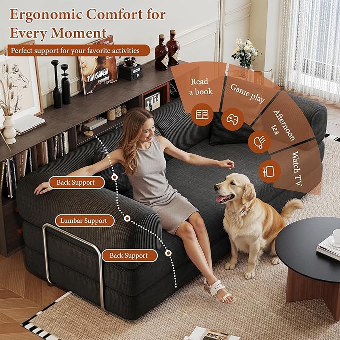 Boneless Couch Sectional Sofa,Convertible Sofa Bed with Sleeper Sofa,Futon Floor Couch Folding Sofas for Living Room,Bedroom,Apartment (Black, 78.8''W)