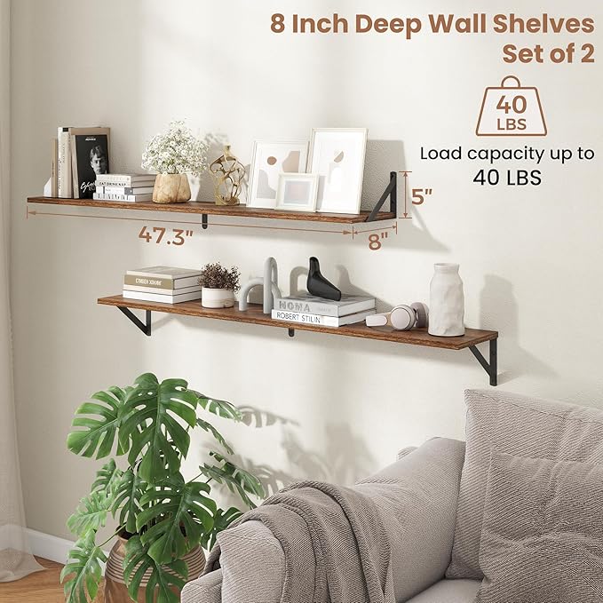 Axeman 48 Inch Floating Shelves | 8 Inch Deep Walnut Wall Shelves Set of 2 | 47.3W x 8D Rustic Wood Shelves for Bookshelf Living Room Bedroom Home Office Bathroom