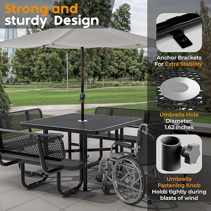 Metal Picnic Tables for Outdoors with Umbrella Hole - Coated Steel Heavy Duty Commercial Grade Furniture with Adjustable Seats (Black, 46 in, Square with Back, Expanded Steel)