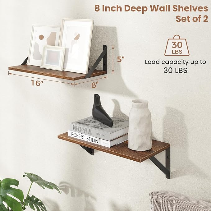 Axeman Floating Shelves | 8 Inch Deep Walnut Wall Shelves Set of 2 | 16W x 8D Rustic Wood Shelves for Bookshelf Living Room Bedroom Home Office Bathroom