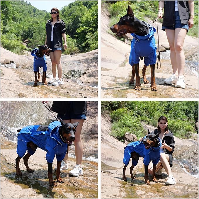 LOVELONGLONG Waterproof Dog Raincoat with Removable Hood – Outdoor Full Body Dog Jacket, Windproof Snowproof Shell Suit – All Season Pet Rain Gear Blue 3XL