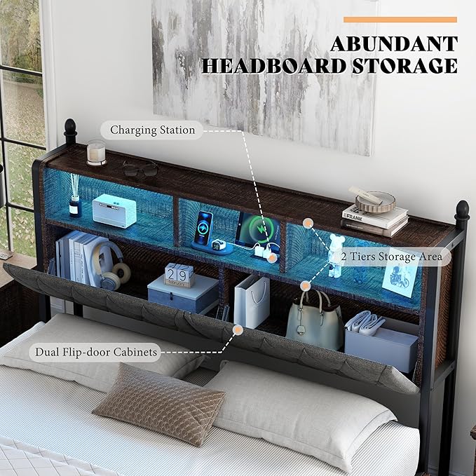 AMERLIFE King Size Bed Frame with Bookcase Headboard, 4 Storage Drawers, Wooden Platform Bed with Charging Station & LED Light, No Box Spring Needed, Noise-Free, Rustic Brown