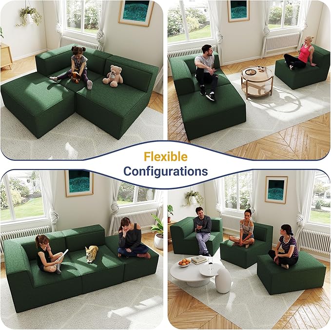 106" Sectional Compressed Sofa Modular Couches,High-Density Foam No Assembly Required,3-Piece(1xCorner 1xArmless 1xOttoman) for Living Room, Chenille Green