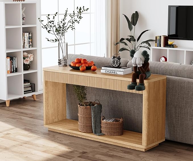 59.8”Rectangular Rustic Fluted Console Table with 2 Drawers,Solid Wood Entry Table Hallway Table, Modern Farmhouse Narrow Sofa Table for Foyer Living Room,Bedroom,Apartments-Natural Oak