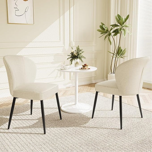 Dining Chairs Set of 2, Modern Fabric Dining Room Chairs with Curved Backrest Well-Padded Seat, Upholstered Kitchen Chairs for Living Dining Room, White