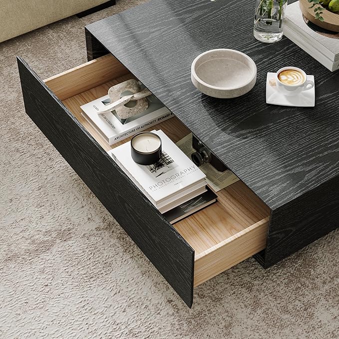 POVISON Modern Square Coffee Table with Drawers, 35.43" Wood Coffee Table for Living Room Home Office, Fully-Assembled Black