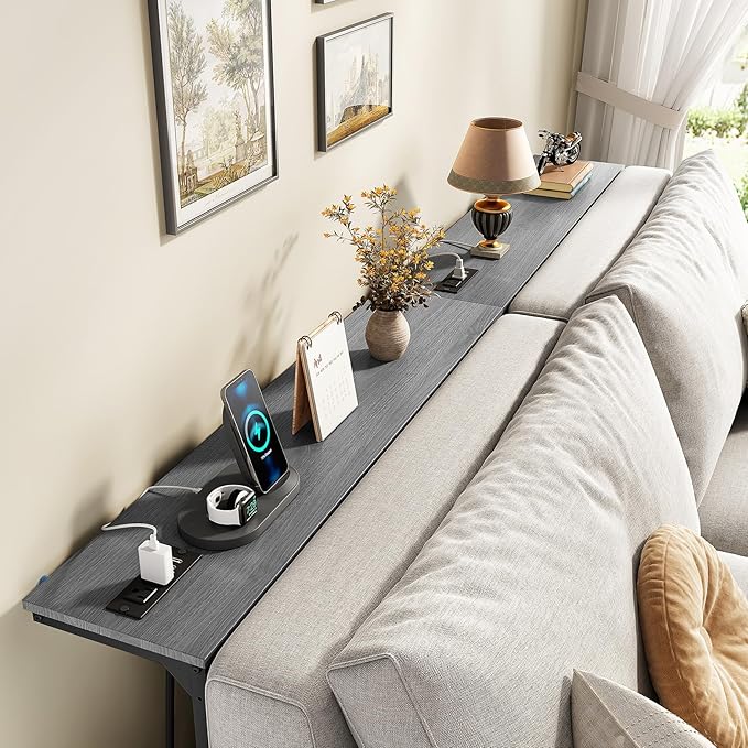 Kitstorack 2-Pack Dark Gray Console Table, 7.9" Deep Panel, Adjustable Height (25"-33") & with 2 Power Outlets, Behind Sofa Couch Table, Use Together or Separately, 79" L