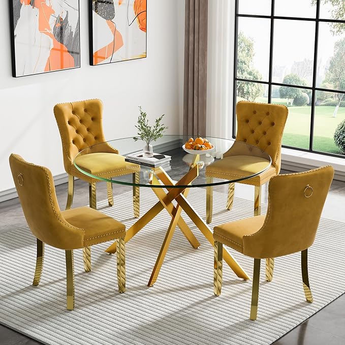 Goujxcy Round Dining Table Set for 4, Modern Glass Kitchen Table and Chairs Set of 4, 5-Piece Dining Room Table Set w/47 Circle Gold Glass Dining Table and 4 Upholstered Velvet Chairs