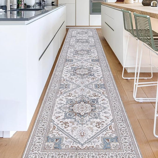 OPPODREAM Thin Entryway Rug 2x12, 2x12 Rug Runner, Neutral Washable Hallways Carpet 2 x 12 with Non Slip Backing, Low-Pile Bedside Carpet 2 x 12, Long, Faux Cashmere, Cream White & Blue & Light Brown