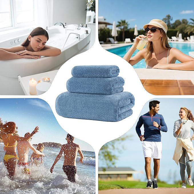 Ring Spun Terry Microfiber Bath Towel Set, 3 Piece, Oversize, Quick Dry, Lint Free, Includes Bath, face, and Hand Towels (Blue)