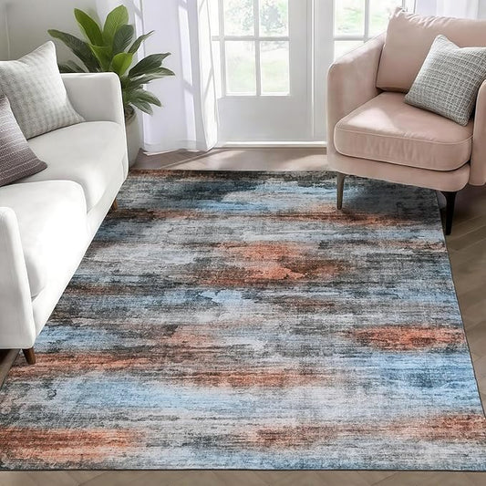 WILLSUN Washable Area Rugs, 3x5 Non-Slip Boho Large Area Rugs for Living Room, Bedroom, Machine Washable Vintage Rug, Indoor Floral Print Carpet for Home Decor, Kid & Pet Friendly Mat