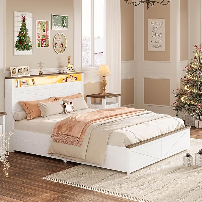 IRONCK Farmhouse Queen Size Bed Frame with LED Light and Charging Station, Wood Bed Frame with Storage Headboard and 2 Drawers， Barn Door Design, Sturdy and Noiseless, White